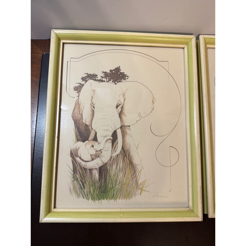 Vintage Tara Signed Wildlife Art Prints Set 2 Tiger Elephant Framed 11x13 Green - Picture 9 of 16